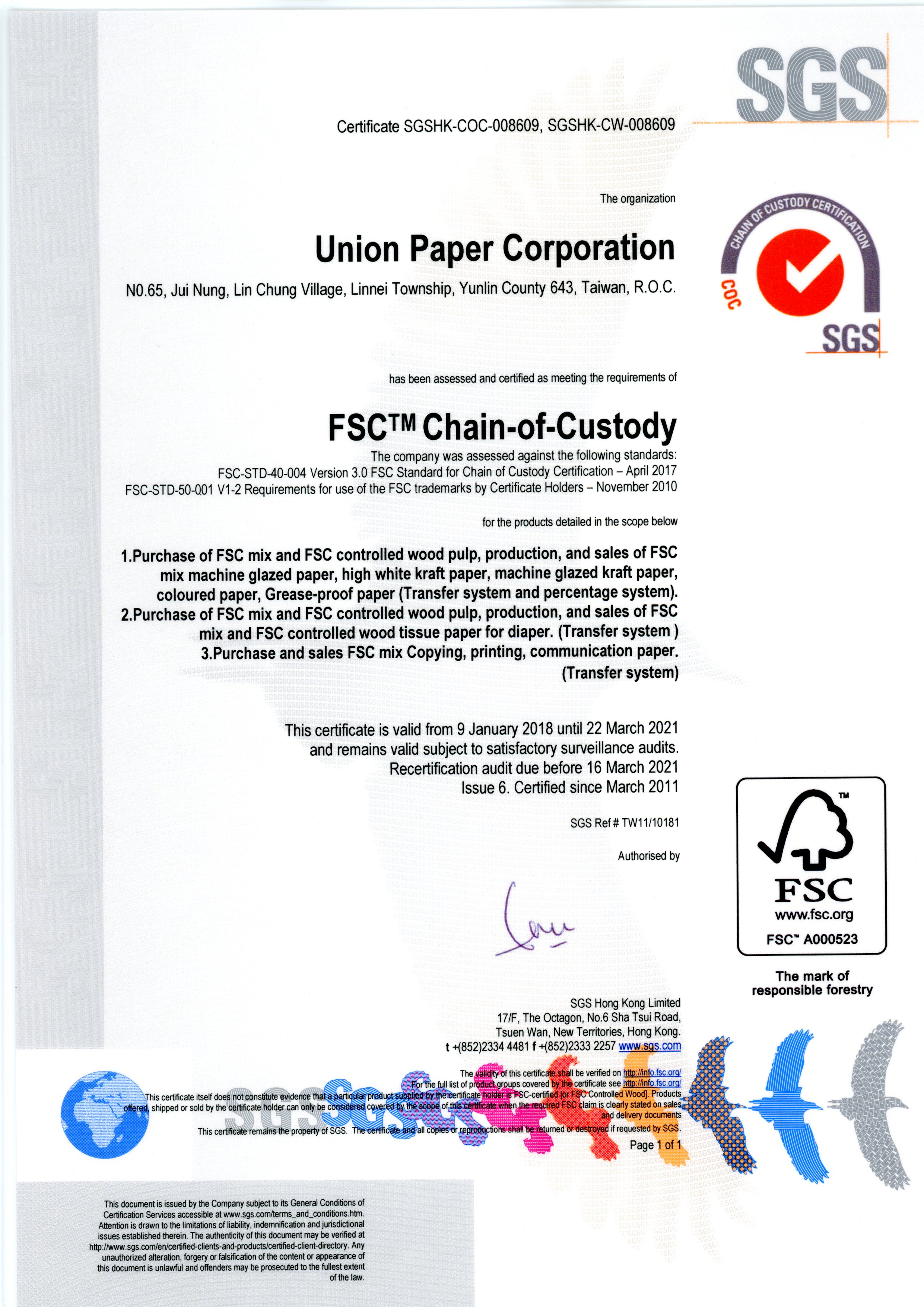 FSC- Union Ppaper Corporation., Ltd