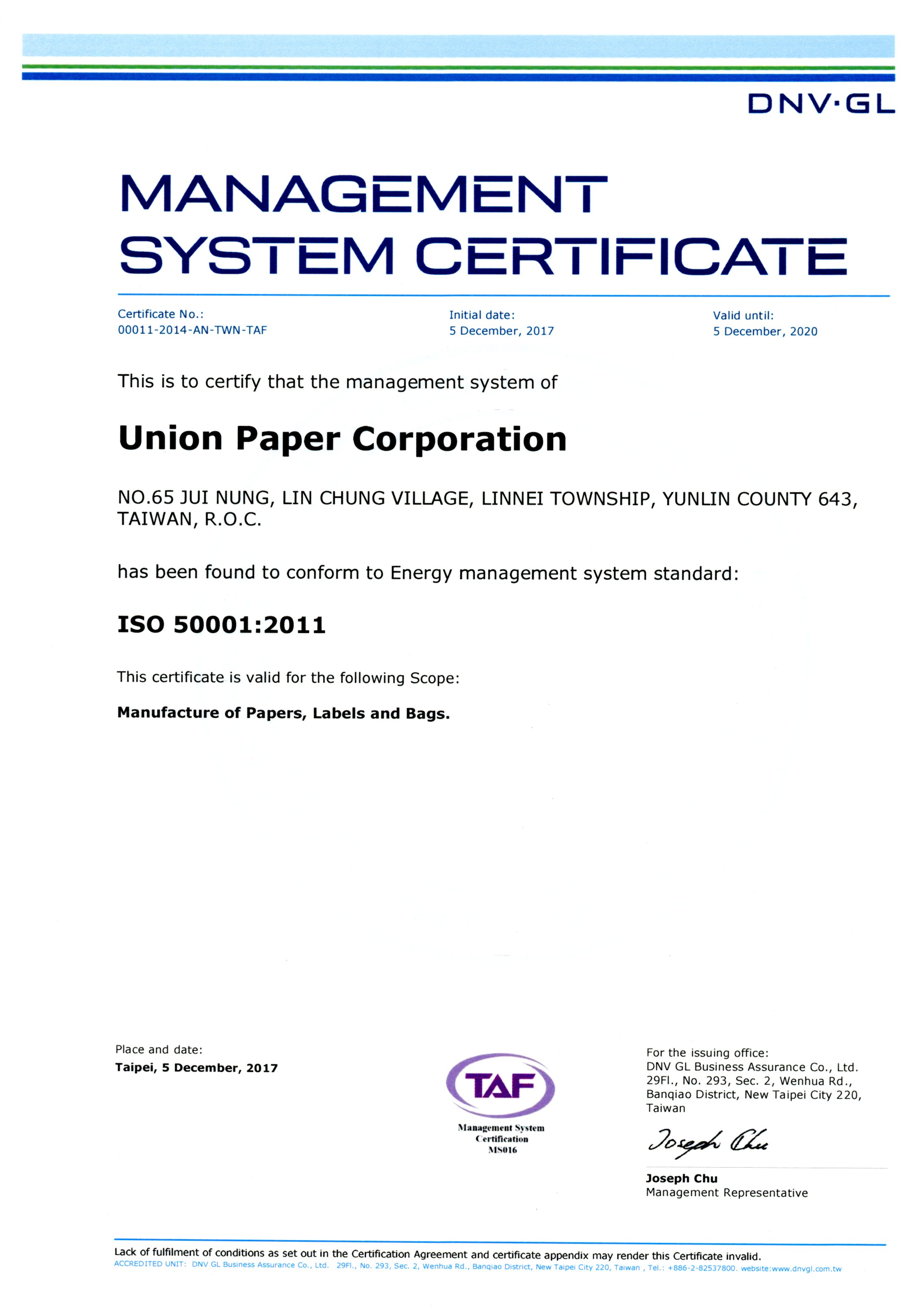 ISO 50001- Union Ppaper Corporation., Ltd